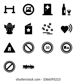 Solid vector icon set - vip zone vector, no computer sign, first aid room, wine, angel, star postcard, christmas sale, heart beat, Road narrows, prohibition, speed limit 30, truck overtake, parking