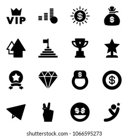 Solid vector icon set - vip vector, coin, dollar sun, money bag, arrow up, pyramid flag, win cup, award, star medal, diamond, finger ring, paper fly, victory, smile, flying man