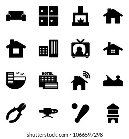 Solid vector icon set - vip waiting area vector, baggage room, fireplace, home, building, tv news, hotel, sea, wireless, jointer, side cutters, pipe welding, baseball bat, toy block house