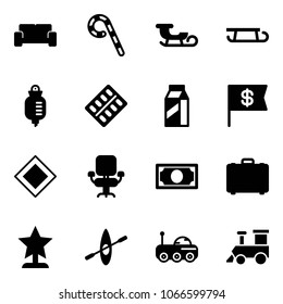 Solid vector icon set - vip waiting area vector, lollipop, sleigh, drop counter, pills blister, milk, dollar flag, main road sign, office chair, money, case, award, kayak, moon rover, toy train