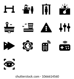Solid vector icon set - vip zone vector, passport control, metal detector gate, terrorism, airport building, traffic light road sign, settings, fast forward, gear globe, remote, joystick wireless
