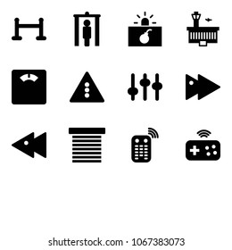 Solid vector icon set - vip zone vector, metal detector gate, terrorism, airport building, floor scales, traffic light road sign, settings, fast forward, backward, jalousie, remote control