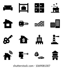 Solid vector icon set - vip waiting area vector, baggage room, house, home, key, brick wall, building, dollar, bank, lighthouse, wireless, laser lever, constructor blocks, toy block