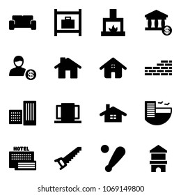 Solid vector icon set - vip waiting area vector, baggage room, fireplace, account, home, brick wall, building, doors, hotel, sea, saw, baseball bat, toy block house