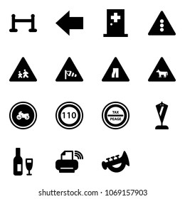 Solid vector icon set - vip zone vector, left arrow, first aid room, traffic light road sign, children, side wind, narrows, cow, no moto, speed limit 110, tax peage, pennant, wine, printer wireless