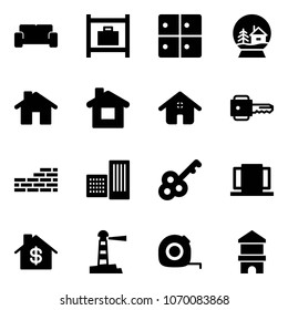 Solid vector icon set - vip waiting area vector, baggage room, snowball house, home, key, brick wall, building, doors, dollar, lighthouse, measuring tape, toy block