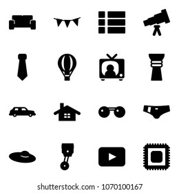 Solid vector icon set - vip waiting area vector, flag garland, menu, telescope, tie, air balloon, tv news, award, limousine, home, sunglasses, swimsuit, woman hat, piston, playback, cpu