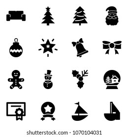Solid vector icon set - vip waiting area vector, christmas tree, santa claus, ball, star, bell, bow, cake man, snowman, holly, snowball house, certificate, medal, sailboat toy
