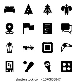 Solid vector icon set - vip waiting area vector, christmas tree, angel, map pin, flag, document, dialog, award, cabrio, cpu, boomerang, game console, baseball bat, beanbag, cube hole toy