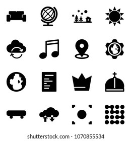 Solid vector icon set - vip waiting area vector, globe, christmas landscape, sun, refresh cloud, music, map pin, gear, document, crown, skateboard, exchange data, record button, circuit