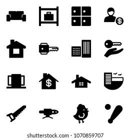 Solid vector icon set - vip waiting area vector, baggage room, account, home, key, building, hand, doors, dollar, hotel, saw, pipe welding, chicken toy, baseball bat