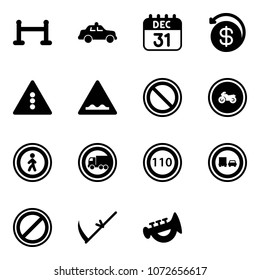 Solid vector icon set - vip zone vector, safety car, 31 dec calendar, money back, traffic light road sign, rough, prohibition, no moto, pedestrian, truck, speed limit 110, overtake, parking, scythe