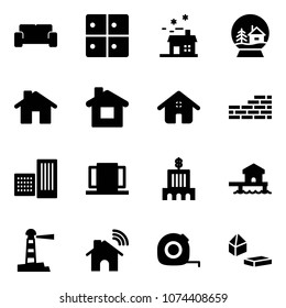 Solid vector icon set - vip waiting area vector, baggage room, house, snowball, home, brick wall, building, doors, bank, bungalow, lighthouse, wireless, measuring tape, constructor blocks