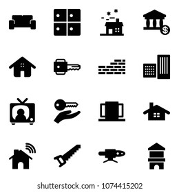 Solid vector icon set - vip waiting area vector, baggage room, house, account, home, key, brick wall, building, tv news, hand, doors, wireless, saw, pipe welding, toy block