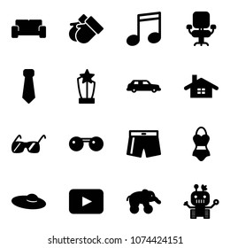 Solid vector icon set - vip waiting area vector, gloves, music, office chair, tie, award, limousine, home, sunglasses, swimsuit, woman hat, playback, elephant wheel, robot