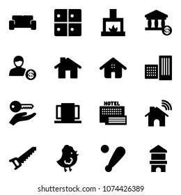 Solid vector icon set - vip waiting area vector, baggage room, fireplace, account, home, building, key hand, doors, sea hotel, wireless, saw, chicken toy, baseball bat, block house