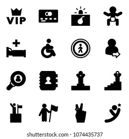 Solid vector icon set - vip vector, credit card, terrorism, baby, hospital bed, disabled, no pedestrian road sign, user login, head hunter, contact book, winner, success, win, victory, flying man