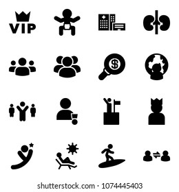 Solid vector icon set - vip vector, baby, hospital building, kidneys, group, search money, man globe, team leader, winner, win, king, flying, beach, surfing, information exchange