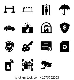 Solid vector icon set - vip zone vector, barrier, metal detector gate, insurance, safety car, terrorism, officer window, safe, shield check, key, certificate, identity card, fingerprint scanner