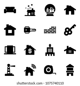 Solid vector icon set - vip waiting area vector, house, snowball, home, key, brick wall, doors, dollar, bank building, lighthouse, wireless, measuring tape, toy block