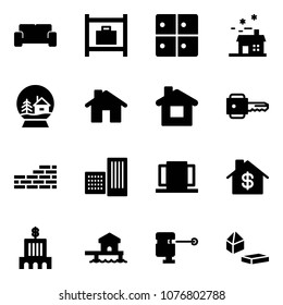 Solid vector icon set - vip waiting area vector, baggage room, house, snowball, home, key, brick wall, building, doors, dollar, bank, bungalow, laser lever, constructor blocks