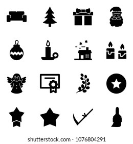 Solid vector icon set - vip waiting area vector, christmas tree, gift, santa claus, ball, candle, house, angel, certificate, golden branch, star medal, scythe, brush