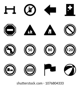 Solid vector icon set - vip zone vector, no mobile sign, left arrow, first aid room, way road, children, narrows, prohibition, turn, speed limit 50, 80, 120, truck overtake, customs, flag
