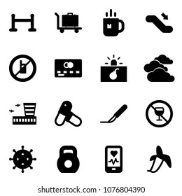 Solid vector icon set - vip zone vector, baggage, tea, escalator down, no mobile sign, credit card, terrorism, clouds, airport building, pills, scalpel, alcohol, virus, weight, heart monitor, banana
