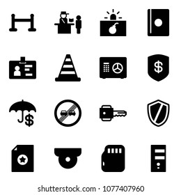 Solid vector icon set - vip zone vector, passport control, terrorism, identity, road cone, safe, insurance, end overtake limit sign, key, shield, certificate, surveillance camera, micro flash card