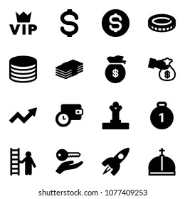 Solid vector icon set - vip vector, dollar, coin, money bag, encashment, growth arrow, wallet time, winner, gold medal, opportunity, key hand, rocket, crown
