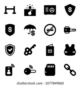 Solid vector icon set - vip zone vector, terrorism, safe, insurance, end overtake limit road sign, key, shield check, passport, life vest, identity card, wireless, micro flash, link