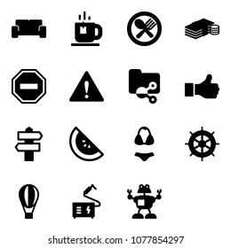 Solid vector icon set - vip waiting area vector, tea, fork spoon plate, cash, no way road sign, attention, shared folder, like, signpost, watermelone, swimsuit, hand wheel, air balloon, welding