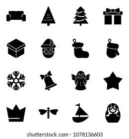 Solid vector icon set - vip waiting area vector, christmas tree, gift, santa claus, sock, glove, snowflake, bell, angel, star medal, crown, dragonfly, sailboat toy, russian doll