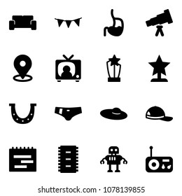 Solid vector icon set - vip waiting area vector, flag garland, stomach, telescope, map pin, tv news, award, luck, swimsuit, woman hat, cap, terms plan, chip, robot, radio