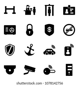 Solid vector icon set - vip zone vector, passport control, metal detector gate, identity, safe, lock, end overtake limit road sign, shield, anchor, car wireless, card, surveillance camera, key