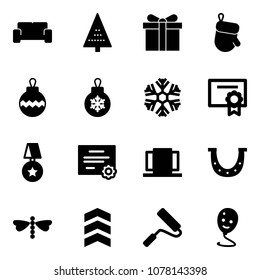 Solid vector icon set - vip waiting area vector, christmas tree, gift, glove, ball, snowflake, certificate, star medal, doors, luck, dragonfly, chevron, paint roller, balloon smile