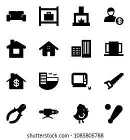 Solid vector icon set - vip waiting area vector, baggage room, fireplace, account, home, building, doors, dollar, hotel, monoblock pc, saw, side cutters, pipe welding, chicken toy, baseball bat