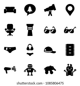 Solid vector icon set - vip waiting area vector, merry christmas message, telescope, map pin, office chair, award, sunglasses, swimsuit, cap, chip, dryer, robot, elephant wheel