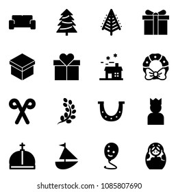 Solid vector icon set - vip waiting area vector, christmas tree, gift, house, wreath, santa stick, golden branch, luck, king, crown, sailboat toy, balloon smile, russian doll