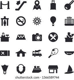 Solid vector icon set - VIP area flat, escalator, balloon, control gate, passport, ticket, tent, luggage, sea beach, sun, Hawaiian wreath, flippers, table setting, hotel, camera, tennis, shop