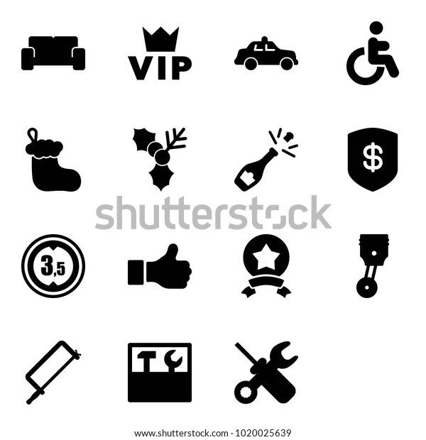 Solid\
vector icon set - vip waiting area vector, safety car, disabled,\
christmas sock, holly, champagne, safe, limited height road sign,\
like, star medal, piston, metal hacksaw, tool\
box