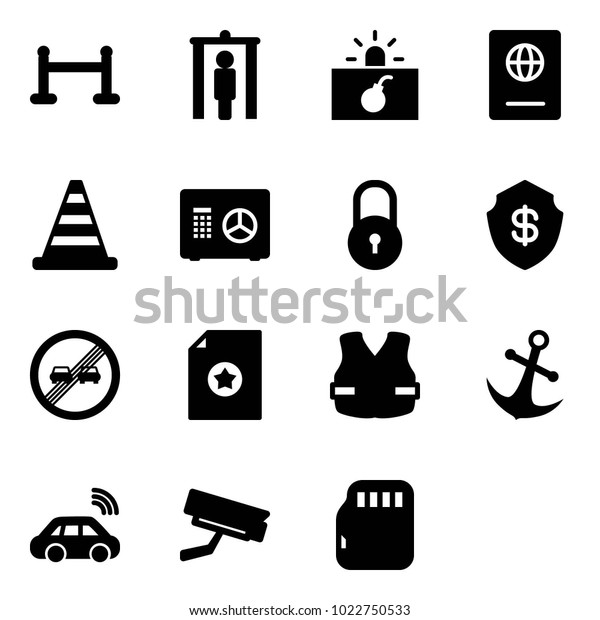 Solid vector icon set - vip zone vector, metal\
detector gate, terrorism, passport, road cone, safe, lock, end\
overtake limit sign, certificate, life vest, anchor, car wireless,\
surveillance camera