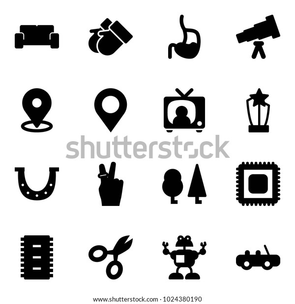Solid vector icon set -\
vip waiting area vector, gloves, stomach, telescope, map pin, tv\
news, award, luck, victory, forest, cpu, chip, scissors, robot, toy\
car