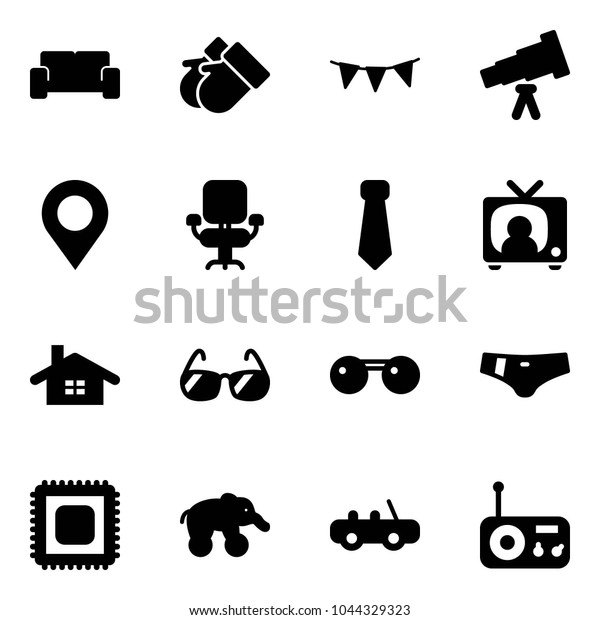 Solid\
vector icon set - vip waiting area vector, gloves, flag garland,\
telescope, map pin, office chair, tie, tv news, home, sunglasses,\
swimsuit, cpu, elephant wheel, toy car,\
radio