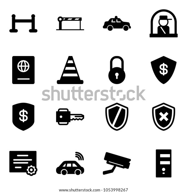 Solid\
vector icon set - vip zone vector, barrier, safety car, officer\
window, passport, road cone, lock, safe, key, shield, cross,\
certificate, wireless, surveillance camera,\
server