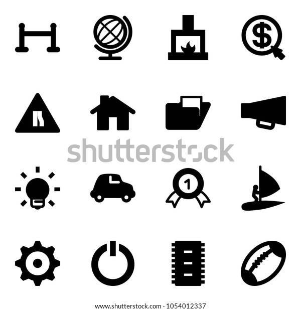 Solid vector icon set - vip zone vector, globe,\
fireplace, money click, Road narrows sign, home, folder,\
loudspeaker, bulb, car, gold medal, windsurfing, gear, standby\
button, chip, football