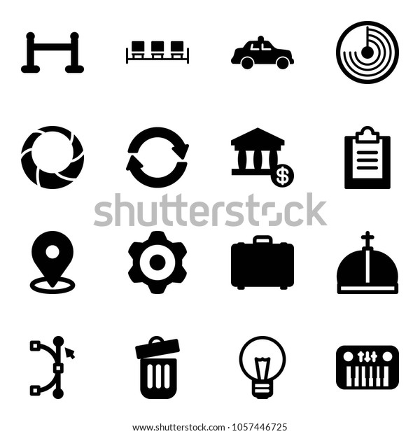 Solid\
vector icon set - vip zone vector, waiting area, safety car, radar,\
christmas wreath, exchange, account, clipboard, map pin, gear,\
case, crown, bezier, trash bin, bulb, toy\
piano