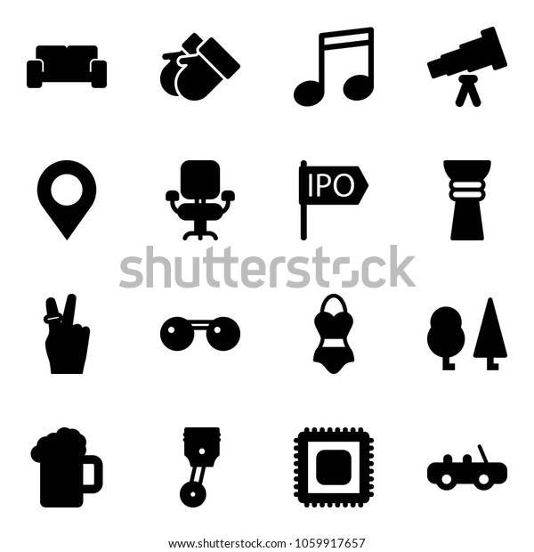 Solid vector\
icon set - vip waiting area vector, gloves, music, telescope, map\
pin, office chair, ipo, award, victory, sunglasses, swimsuit,\
forest, beer, piston, cpu, toy\
car