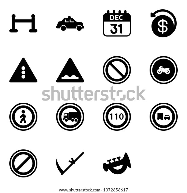 Solid vector icon set - vip zone vector, safety\
car, 31 dec calendar, money back, traffic light road sign, rough,\
prohibition, no moto, pedestrian, truck, speed limit 110, overtake,\
parking, scythe
