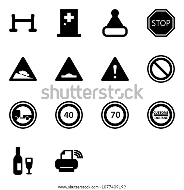 Solid vector icon set - vip zone vector, first aid\
room, christmas hat, stop road sign, steep descent, artificial\
unevenness, attention, prohibition, no trailer, speed limit 40, 70,\
customs, wine